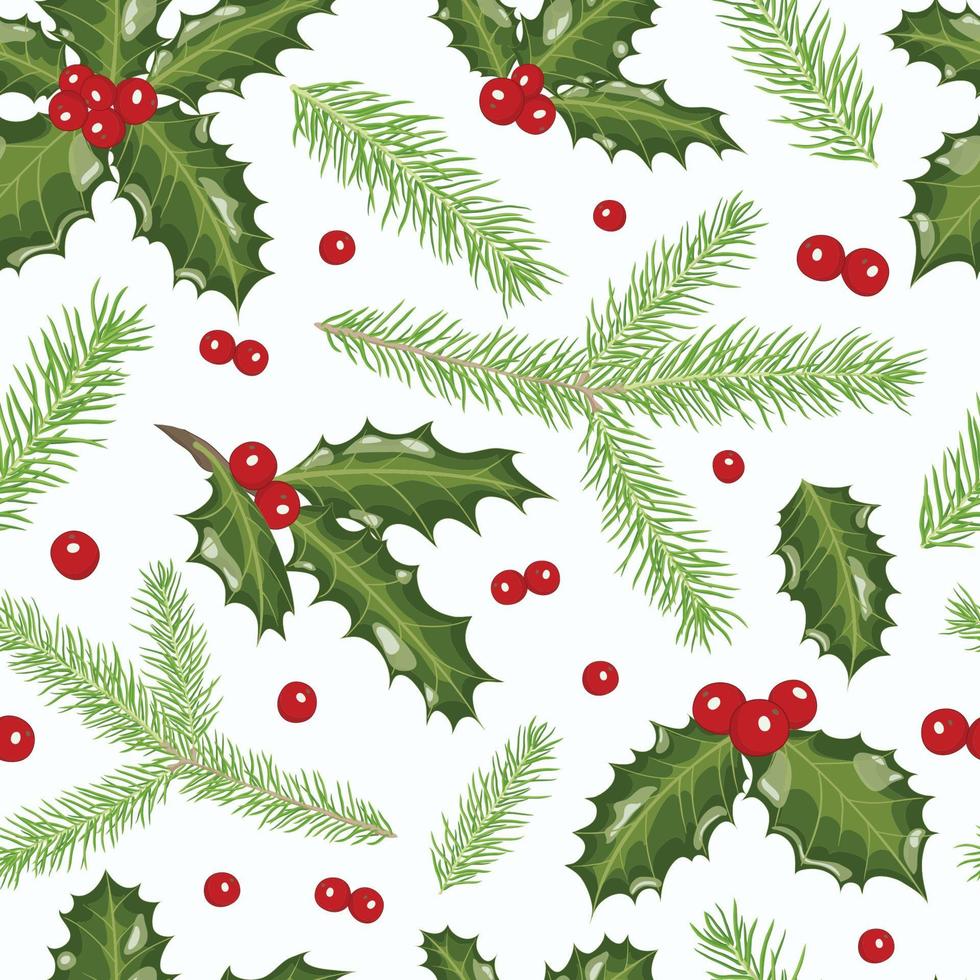 Vector Christmas seamless pattern with the branches of fir, juniper and holly.