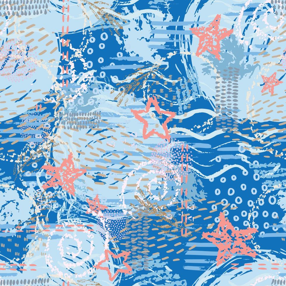 Abstract marine seamless pattern with hand-drawn textures vector