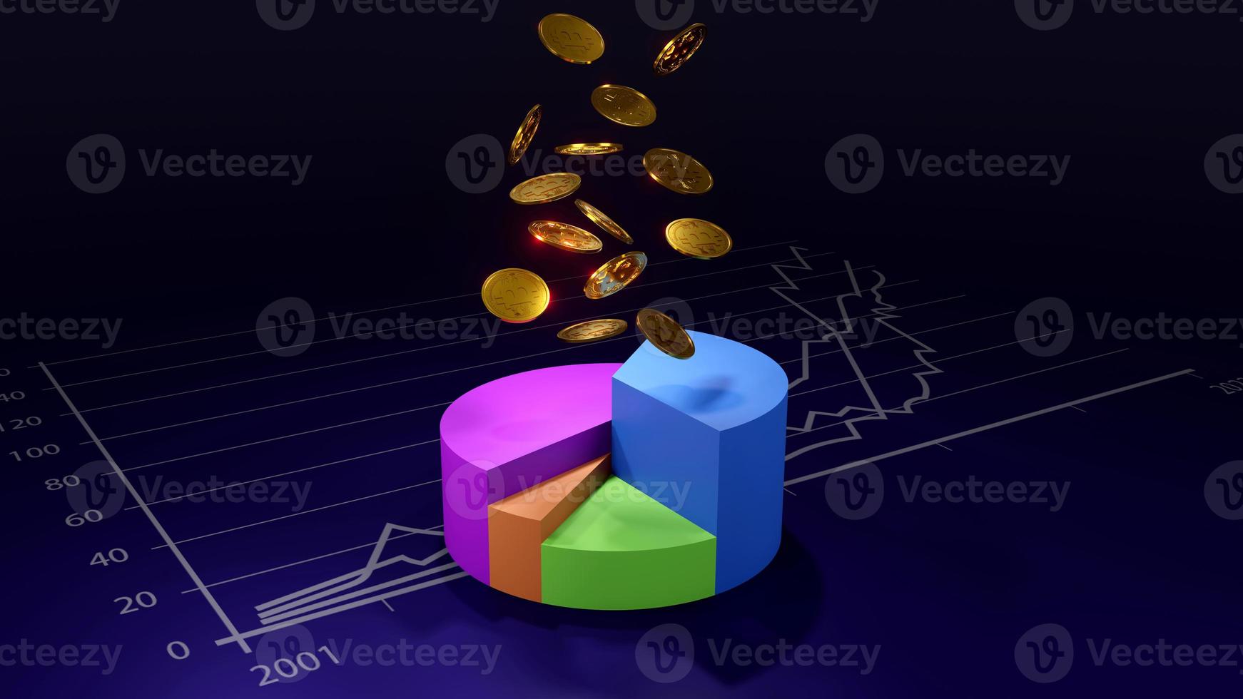 Bitcoin gold coins are falling onto the bar chart. show economic growth, 3d illustration photo