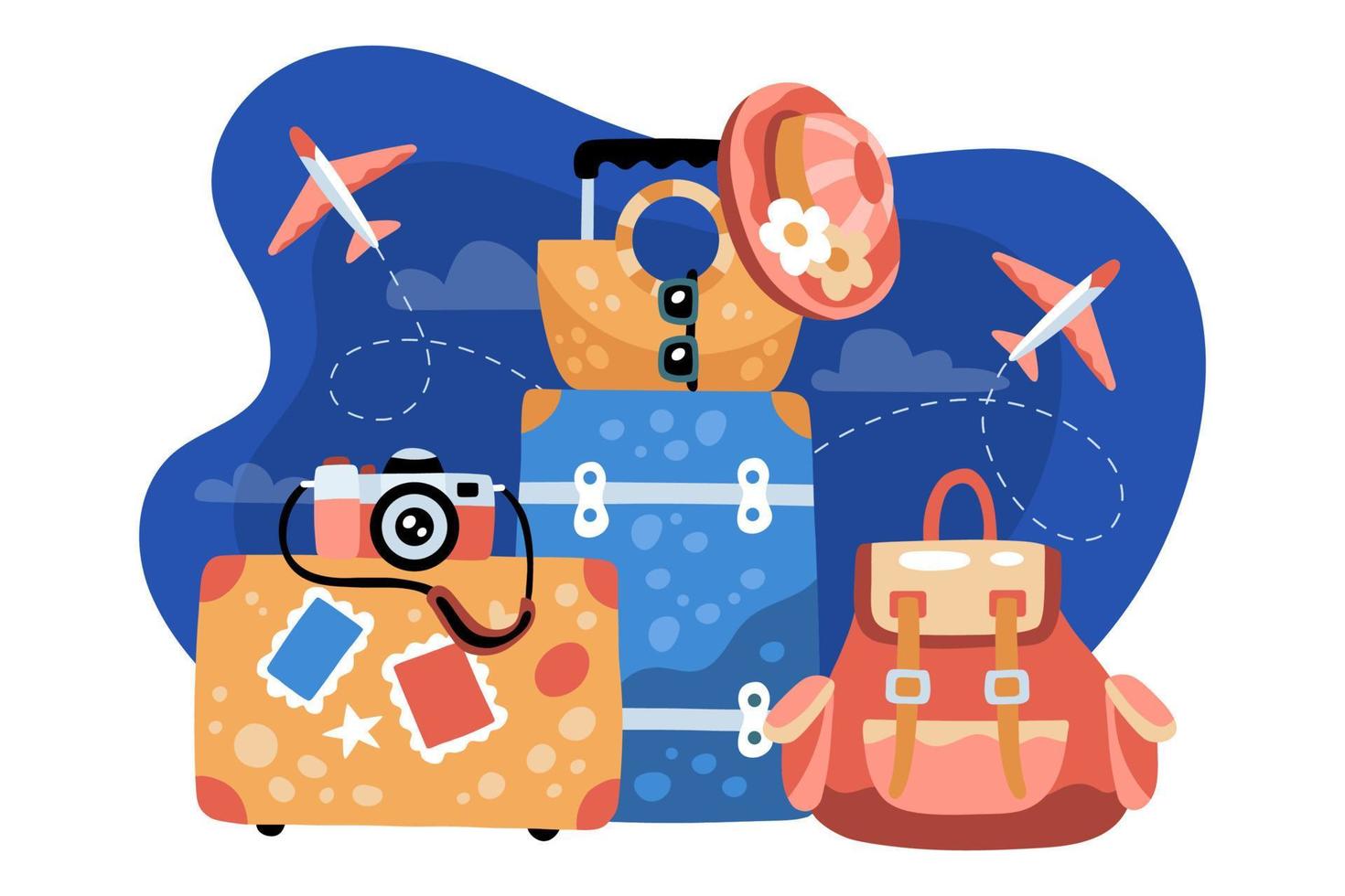 ilustración o concepto turístico con varios equipajes, cámaras, aviones y objetos temáticos de viaje vector