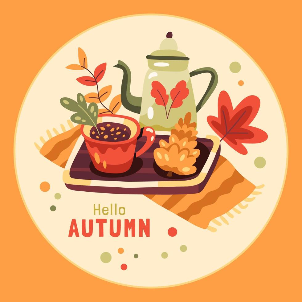 ilustración de otoño con una bebida caliente, tetera, cono y hojas vector