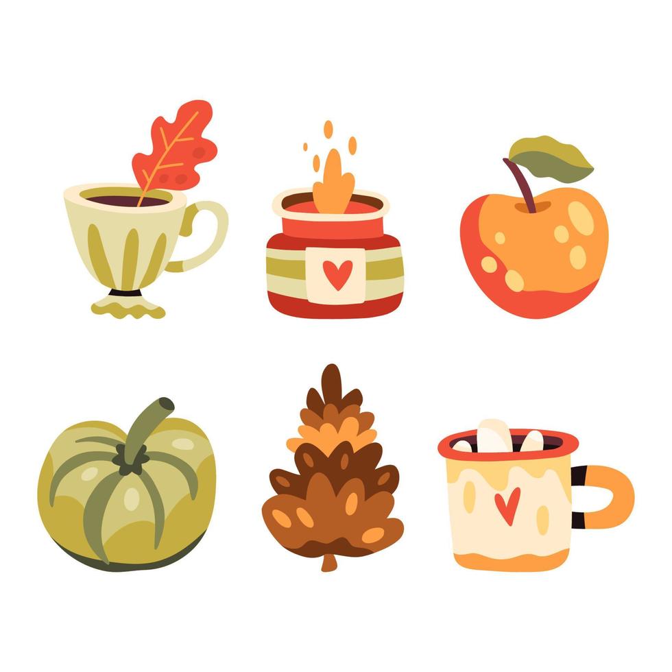conjunto de lindos elementos de otoño, taza de café y cacao, calabaza, manzana, cono, vela encendida vector
