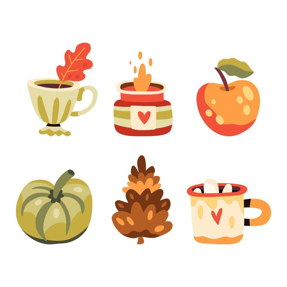 Set of cute autumn elements, cup of coffee and cacao, pumpkin, apple, cone, burning candle vector