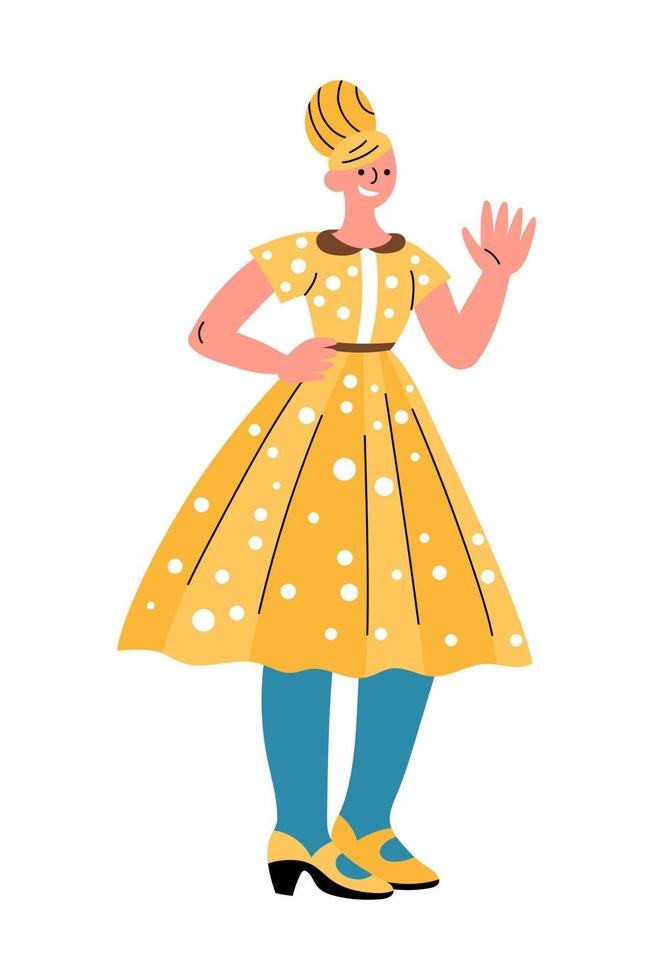 Cheerful women in retro 1960s clothes standing and waving hand vector