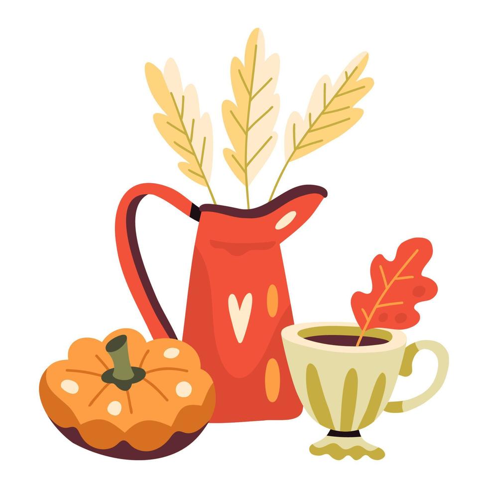 ilustración de otoño con jarrón, hierbas secas, calabaza y taza de bebida caliente. vector