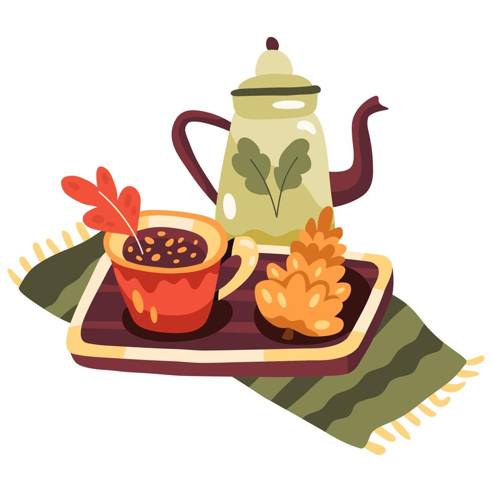 Autumn cup of coffee, tea or cacao with leaf and cone on a wooden tray, cute teapot behind vector