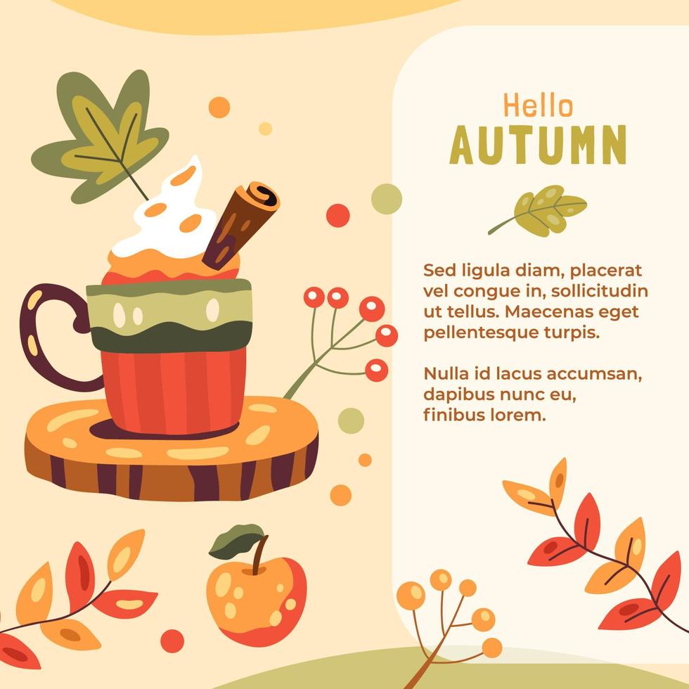 Autumn illustration with mug of coffee or cacao on a wooden stand and leaves vector