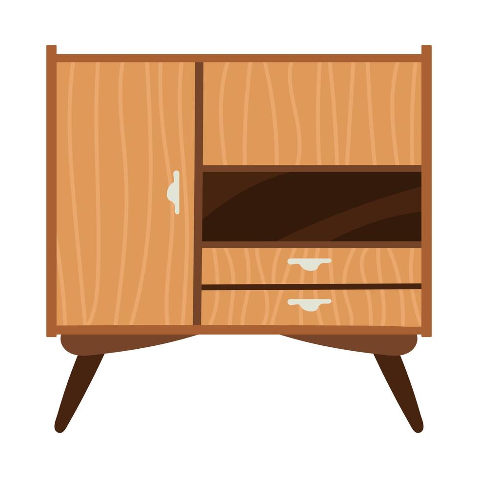 Retro wooden cabinet with shelves, mid-century modern furniture vector