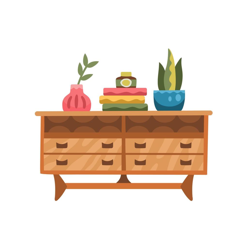 Retro wooden cabinet with houseplants and books, mid century modern furniture vector