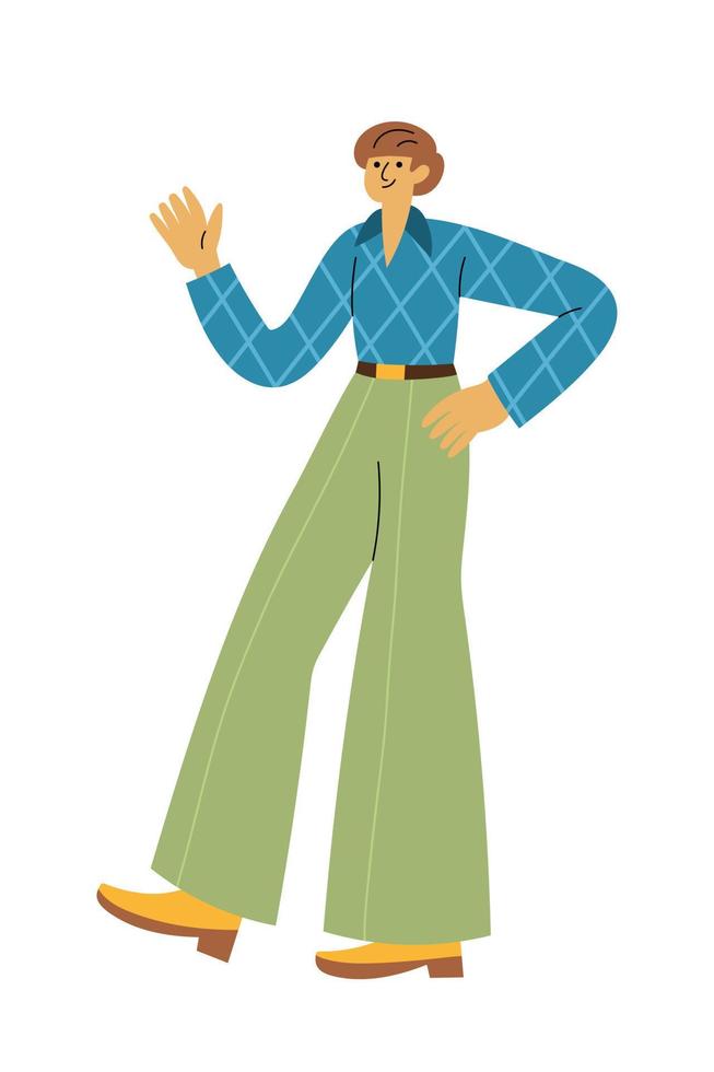 Cheerful man in retro 1960s or 1970s clothes walking and waving hand vector