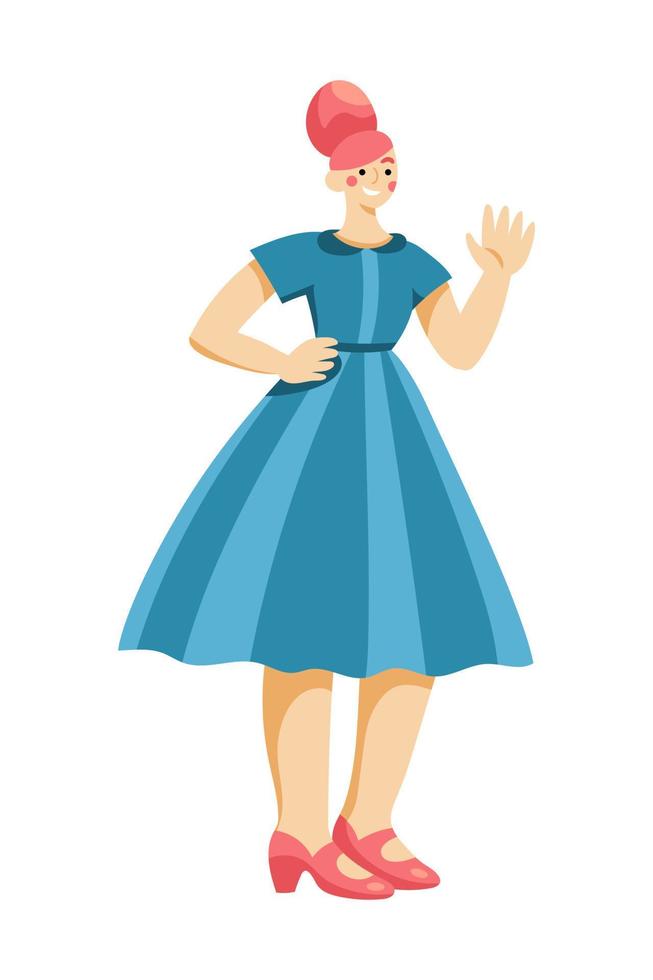 Cheerful women in retro 1960s clothes standing and waving hand vector