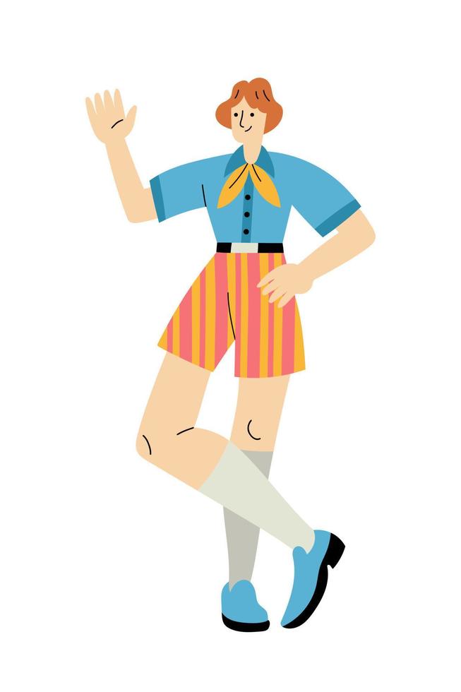 Cheerful man in retro 1960s or 1970s clothes standing and waving vector