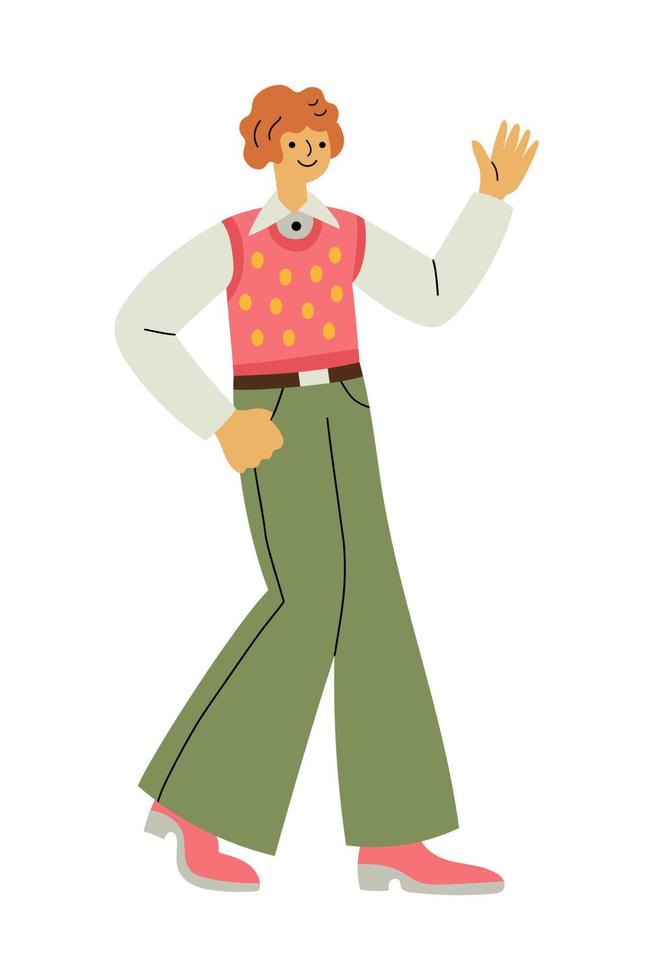 hombre alegre con ropa retro de los años 60 o 70 caminando y saludando con la mano vector