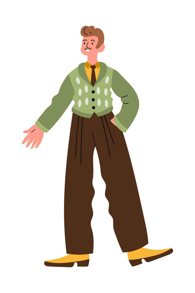 Cheerful man in retro 1960s or 1970s clothes walking vector