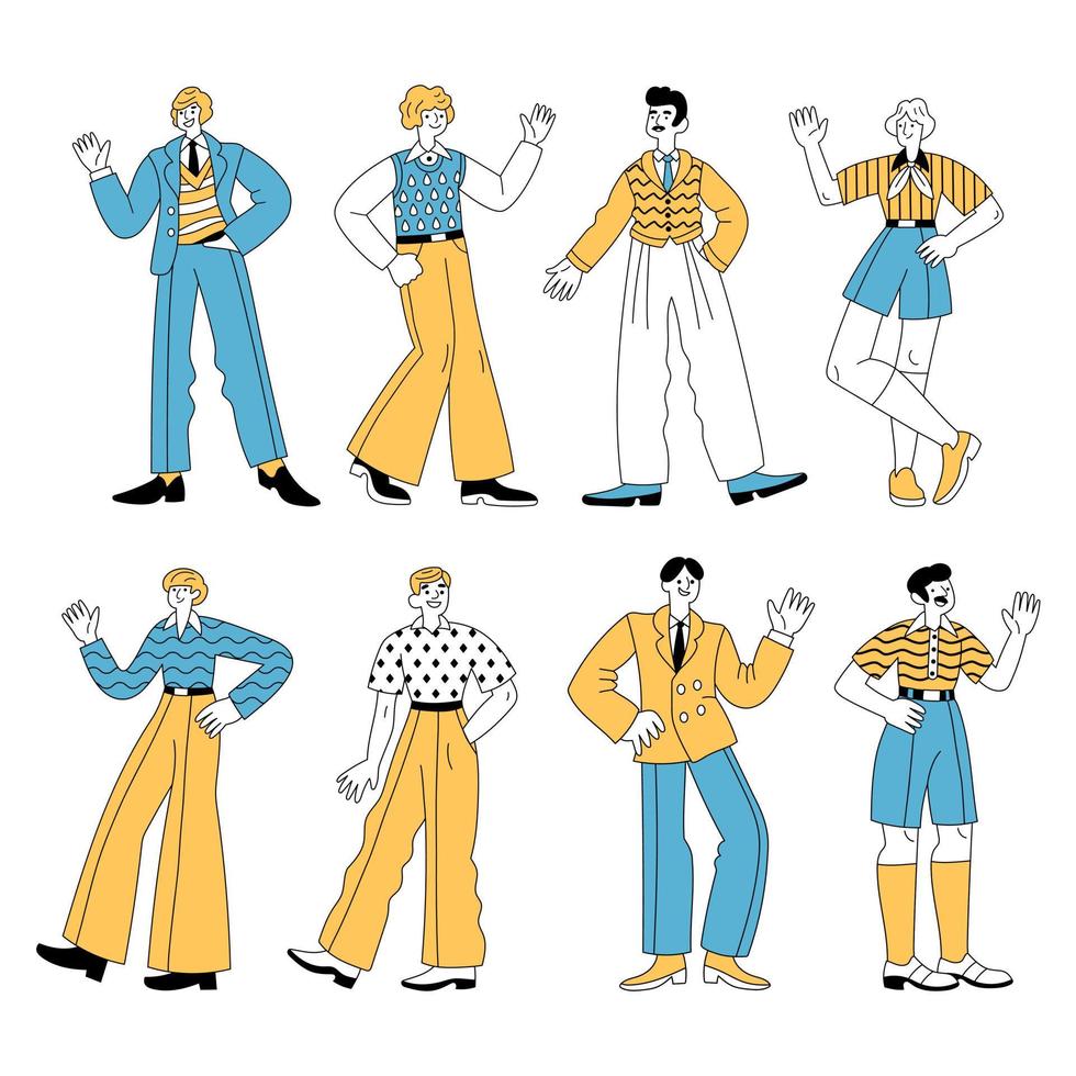 diversos hombres alegres con ropa retro de los años 60 o 70 caminando, de pie, agitando las manos vector