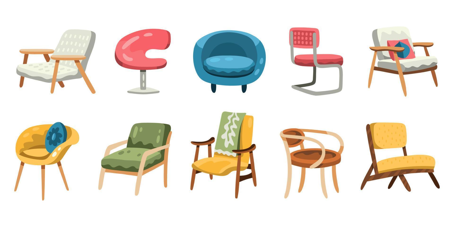 conjunto de sillones y sillas retro, madera y tela, muebles modernos de mediados de siglo vector