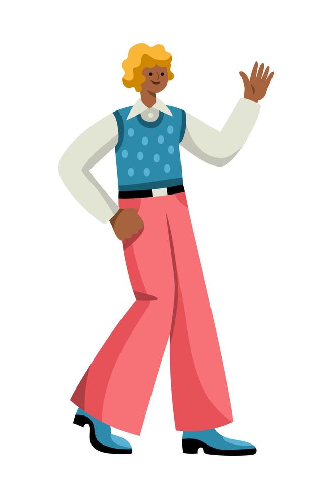 Cheerful man in retro 1960s or 1970s clothes walking and waving hand vector