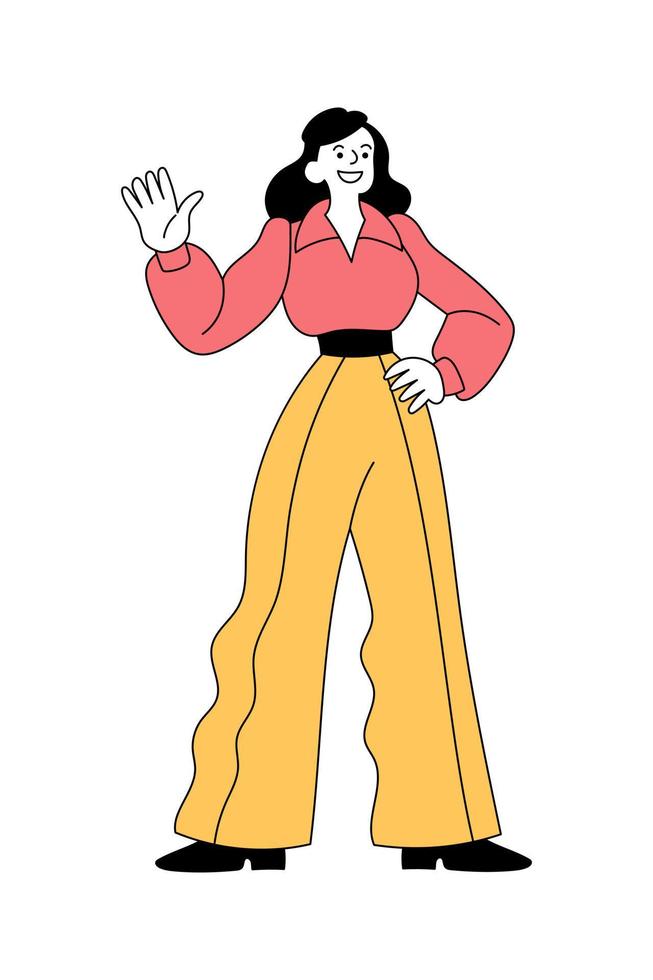 Cheerful brunette women in retro 1960s clothes standing and waving hand vector