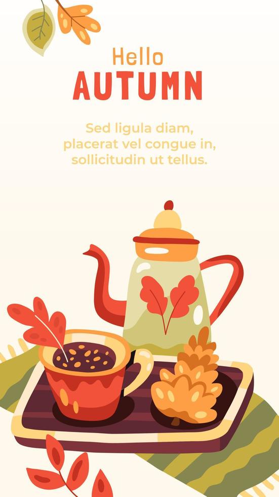 Vertical autumn background with a hot drink, cone and teapot on a wooden tray vector