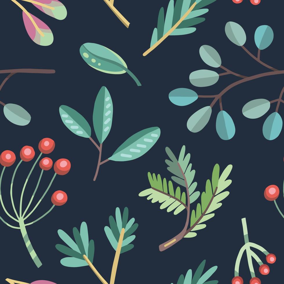 Seamless pattern with northern plants, leaves, berries, branches. vector