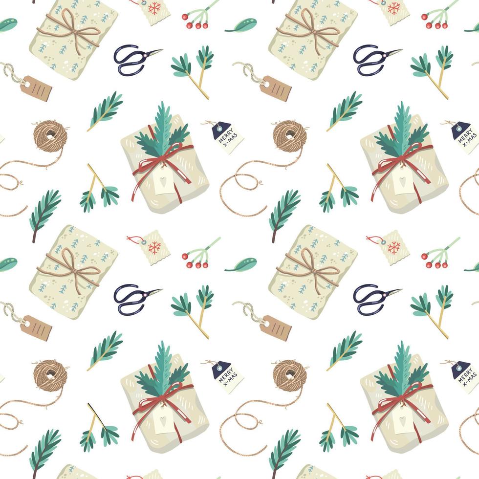 Seamless pattern with christmas gifts, decorated with plants, ribbons and recycled wrapping paper vector