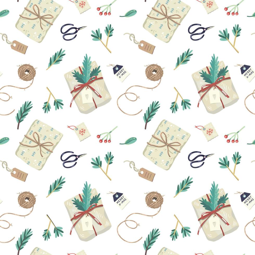 Seamless pattern with christmas gifts, decorated with plants, ribbons and recycled wrapping paper vector