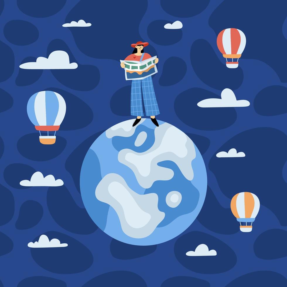 Vector illustration of travelling character with map standing on the globe, sky, clouds and baloons around