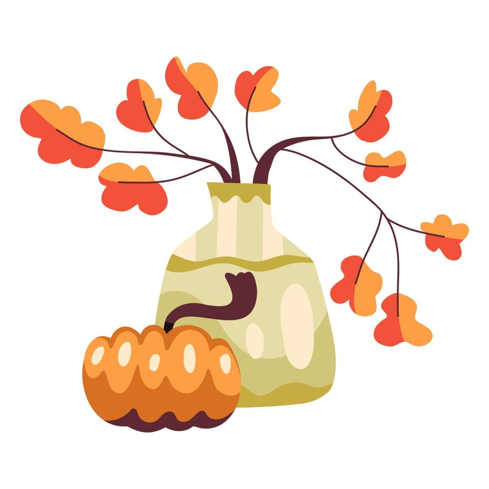ilustración de otoño con jarrón, rama con hojas y calabaza vector