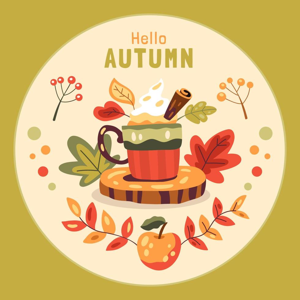 Autumn illustration with mug of coffee or cacao on a wooden stand and leaves vector