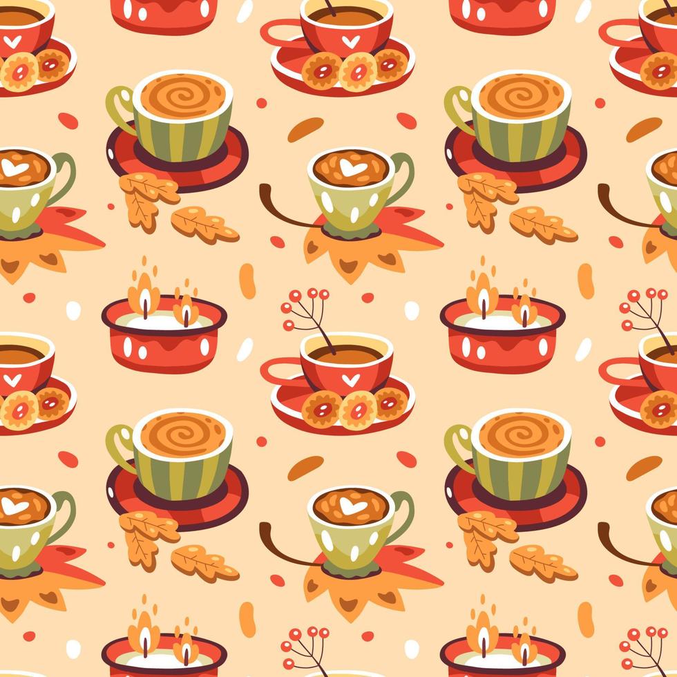 Seamless autumn pattern with hot coffee, cacao, candles, cookies and berries vector