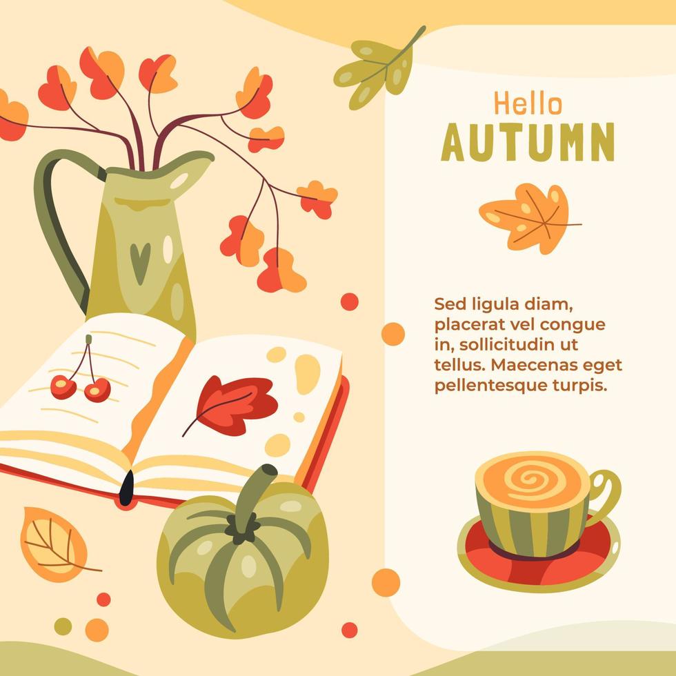 ilustración de otoño con un libro, café, calabaza, galletas y hojas, lugar para texto vector