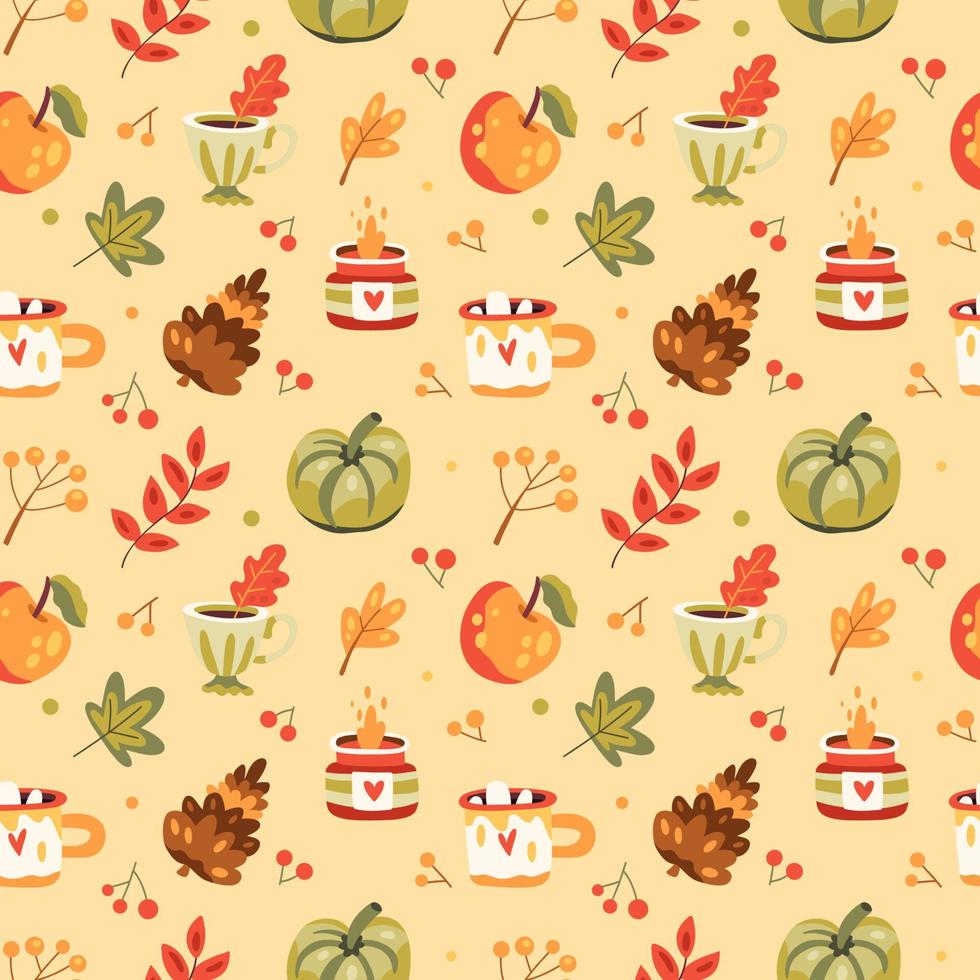 Seamless autumn pattern with hot drinks, fall leaves, candles, pumpkins and berries vector