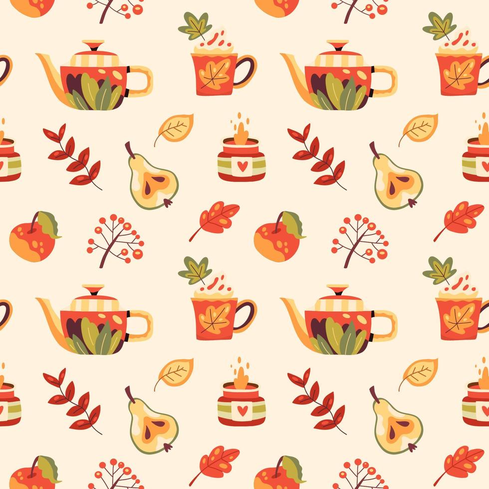 Seamless autumn pattern with hot drinks, fall leaves, candles and berries vector