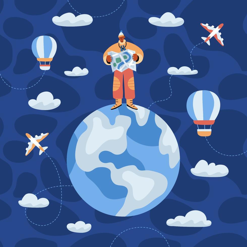 Vector illustration of travelling character with map standing on the globe, sky, clouds and planes around