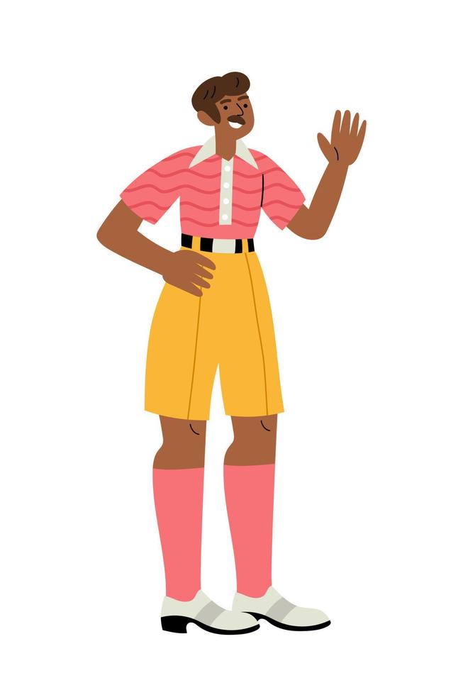 Cheerful black man in retro 1960s or 1970s clothes walking and waving vector