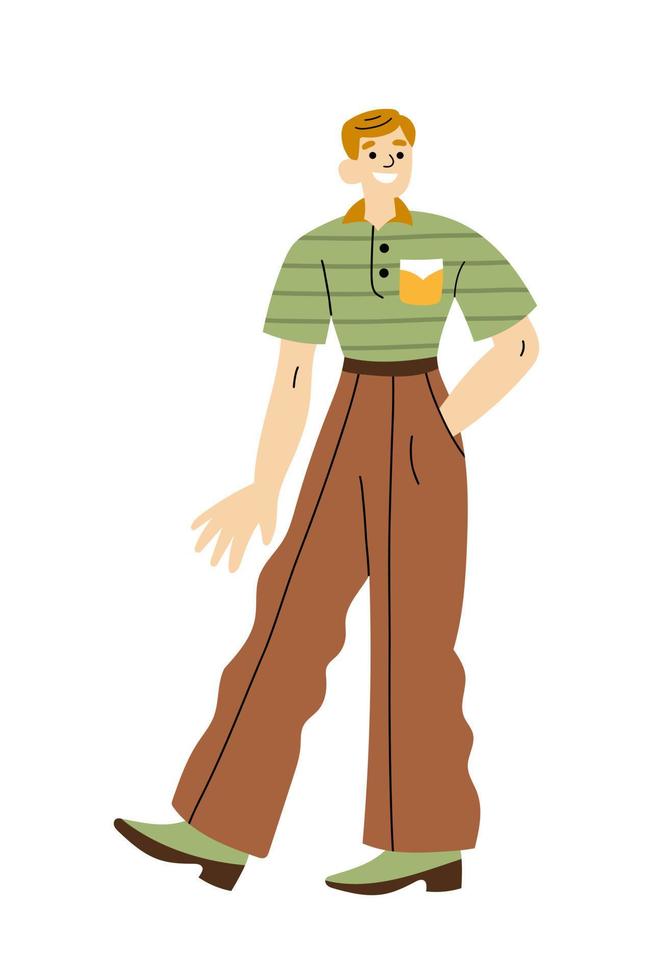 Cheerful man in retro 1960s or 1970s clothes walking vector