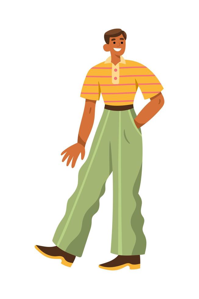 hombre alegre con ropa retro de los años 60 o 70 caminando vector