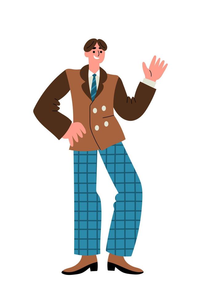hombre alegre con ropa retro de los años 60 o 70 caminando y saludando con la mano vector