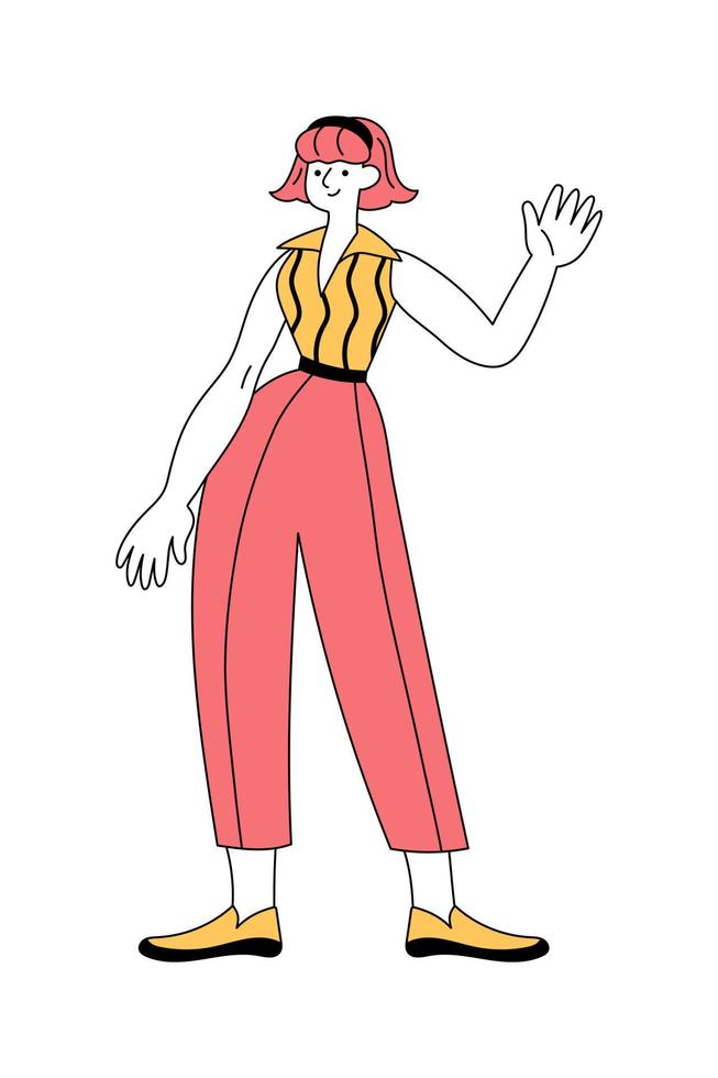 Cheerful women in retro 1960s clothes standing and waving hand. vector