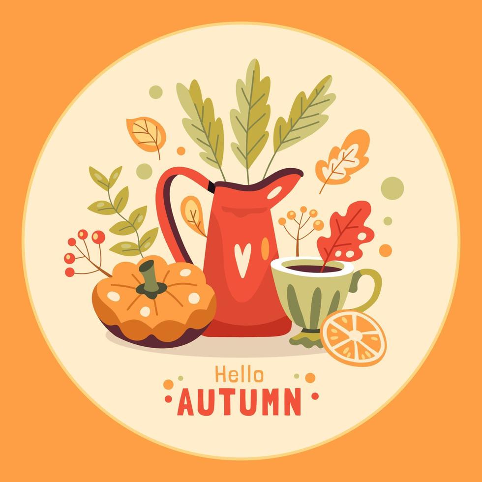 ilustración de otoño con bebida caliente, jarra, calabaza y hojas vector