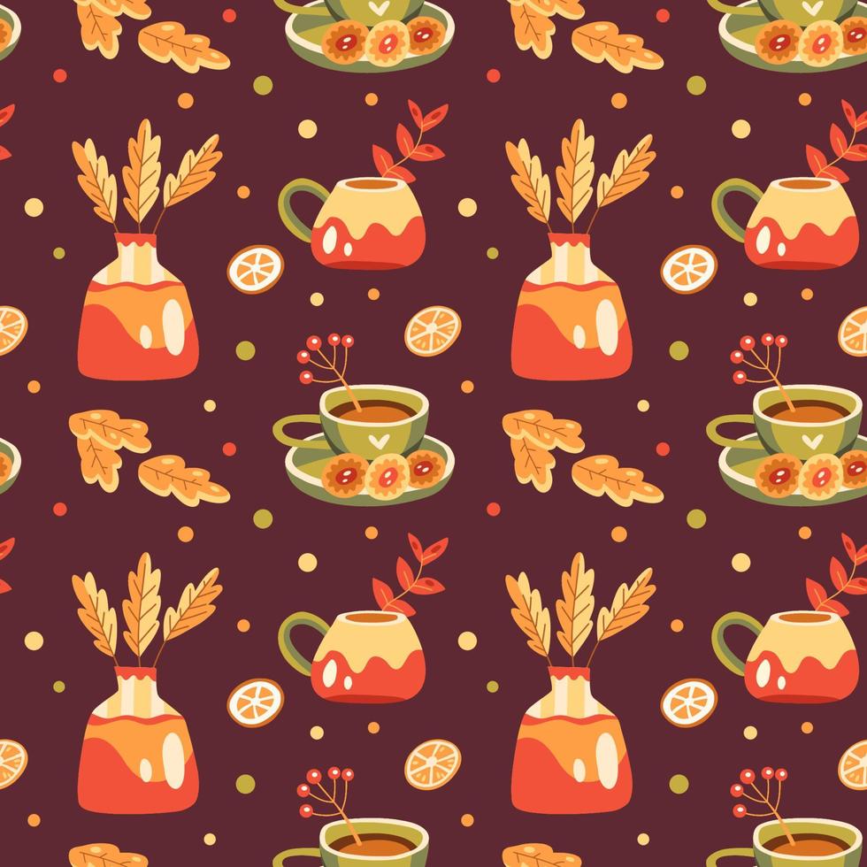 Seamless autumn pattern with hot drinks, cookies, fall leaves and berries vector