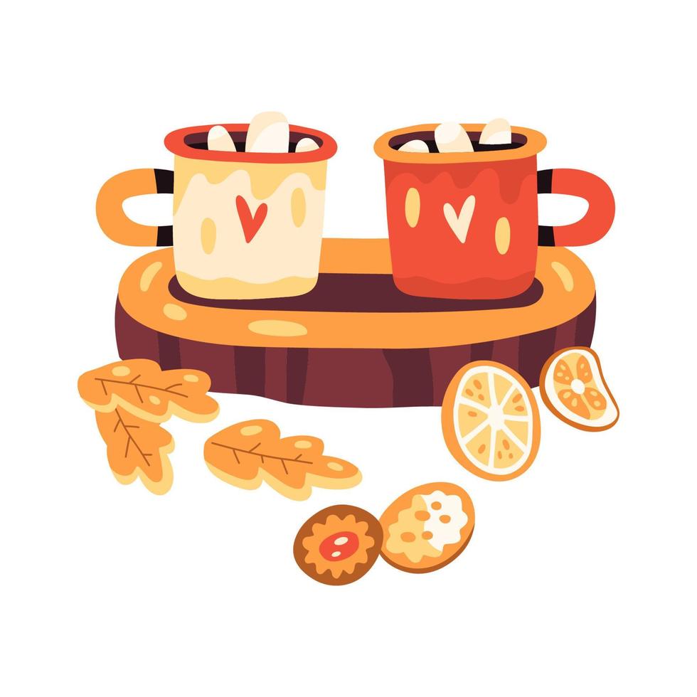Autumn cups of cacao with marshmallows with cookies and orange slices on a wooden stand. vector