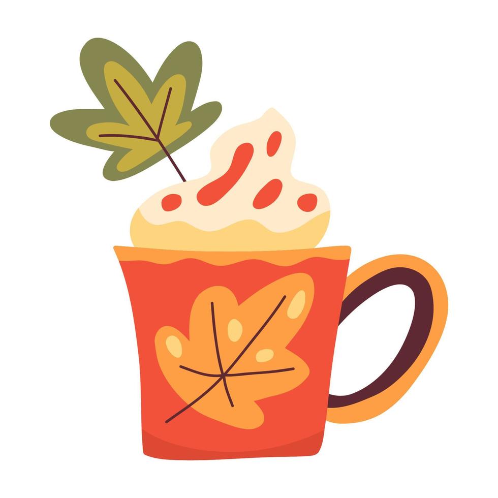 utumn cup of coffee or cacao decorated with leaves vector