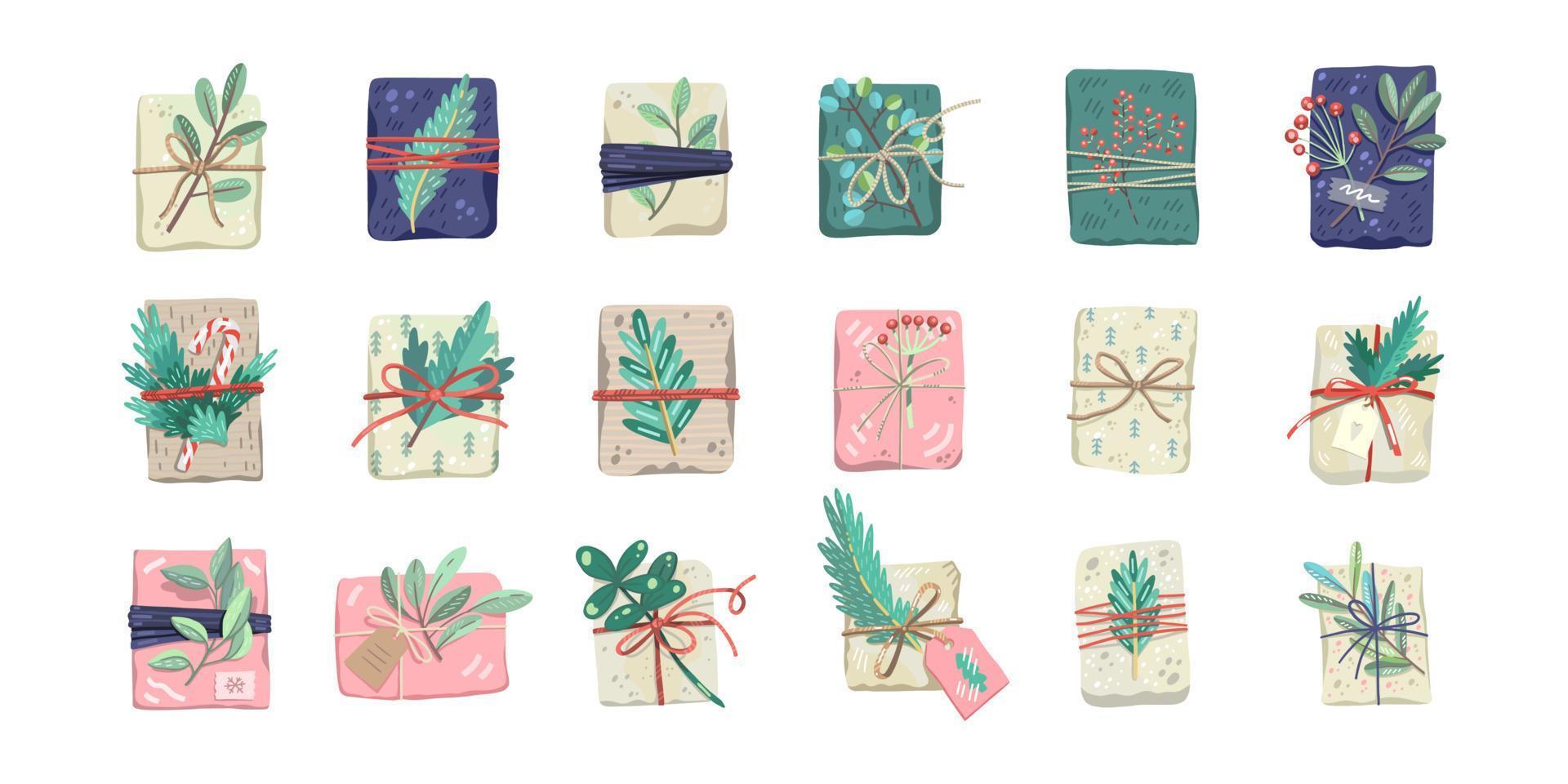 Set of Christmas gifts, decorated with plants, ribbons and recycled wrapping paper vector