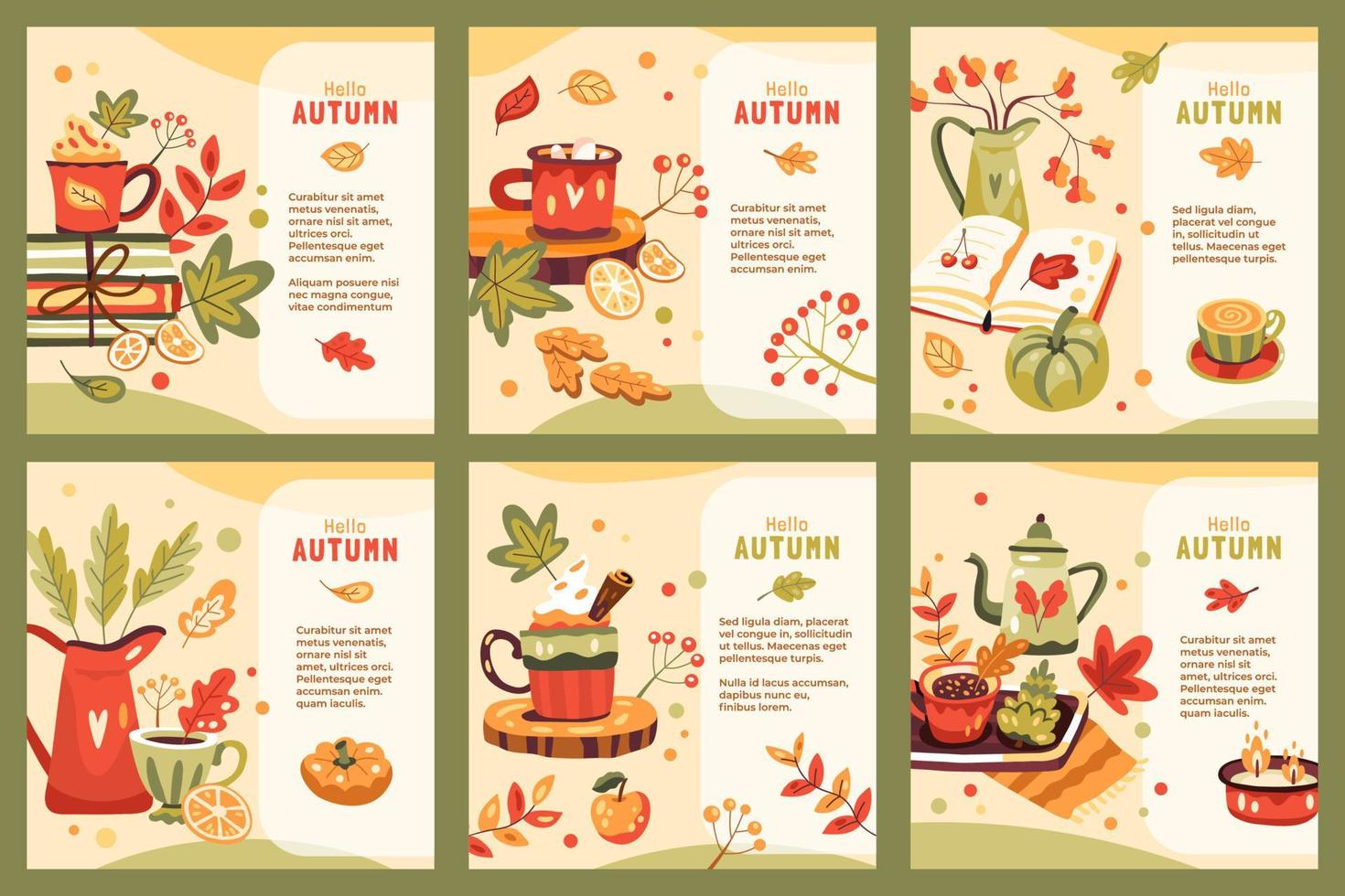 conjunto de ilustraciones de otoño con bebidas calientes, libros, hojas, calabazas y texto vector