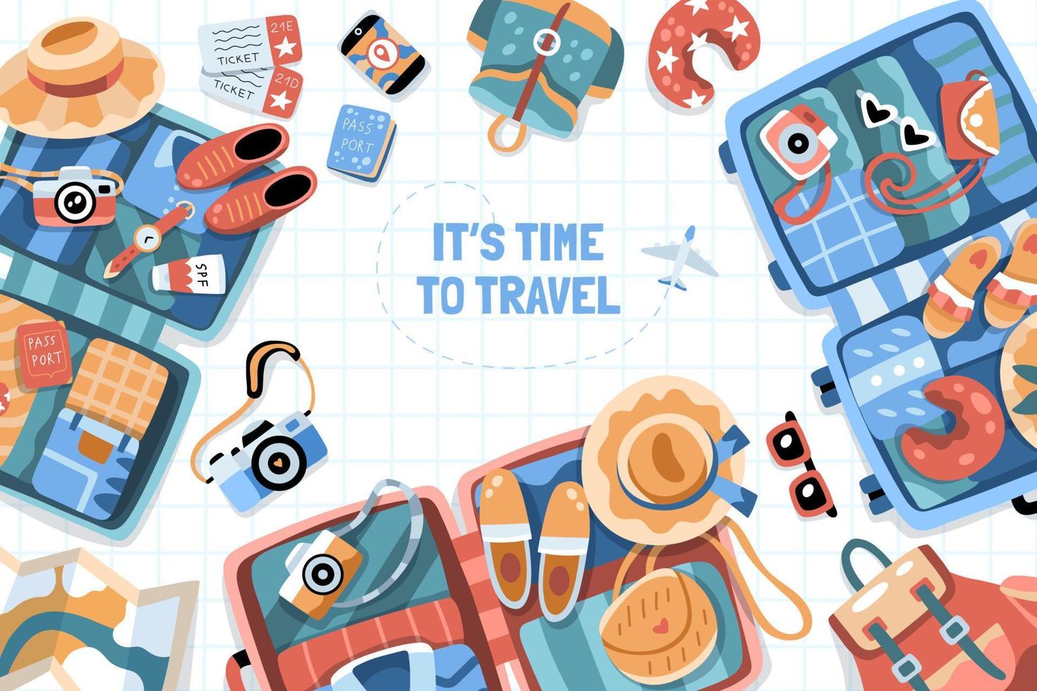 Travel backround with open suitcases and various travel themed objects vector
