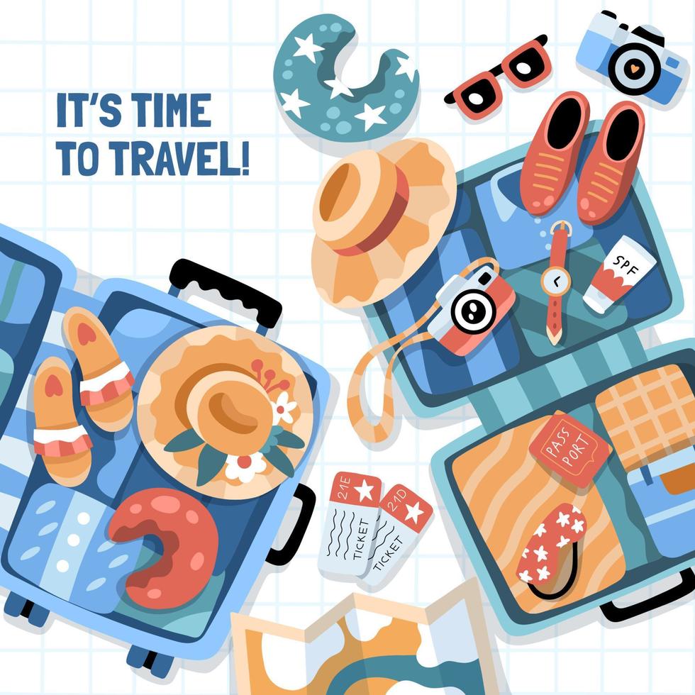 ilustración turística con maletas abiertas y varios objetos temáticos de viaje vector
