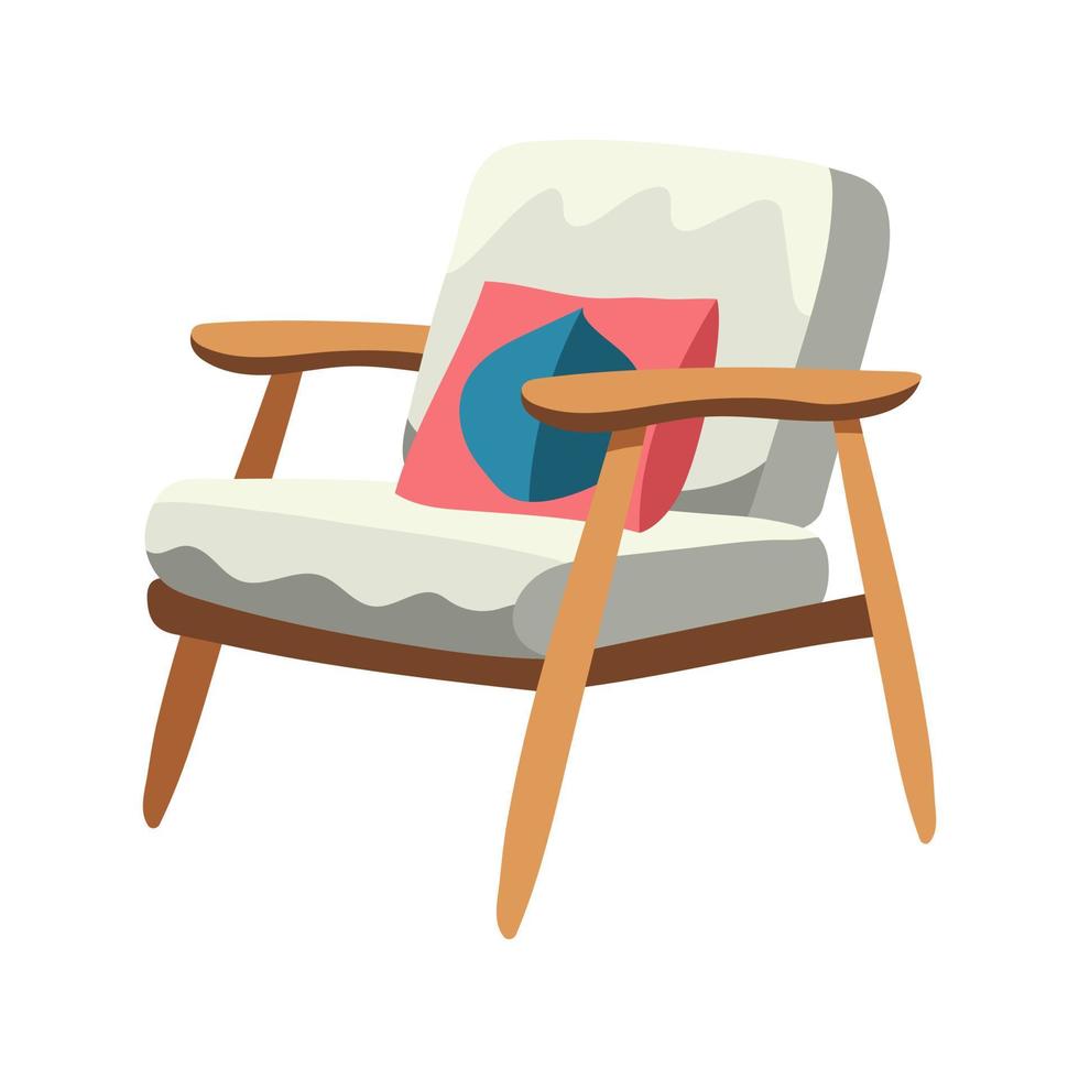 Retro grey fabric armchair with wooden handles and legs and with cushion. mid-century modern furniture vector