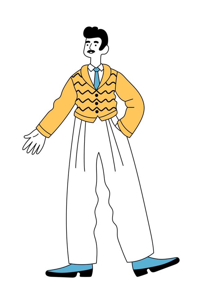 Cheerful man in retro 1960s or 1970s clothes walking vector