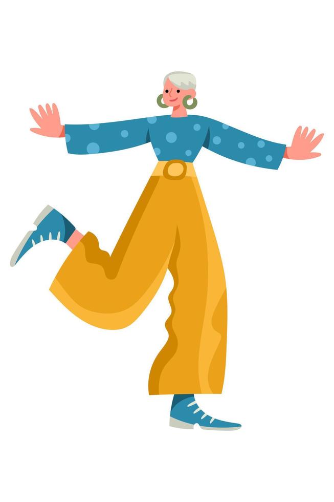 Cheerful women in retro 1960s clothes standing on one leg with open hands vector